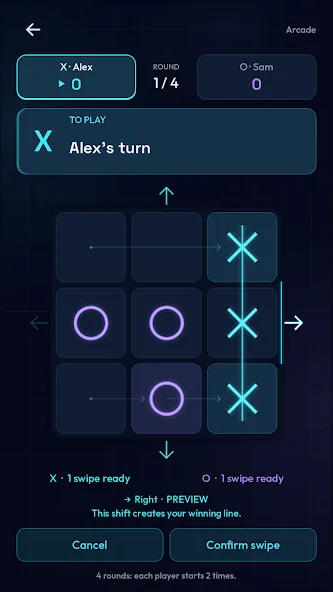 XOX Swipe board with purple O pieces, cyan X pieces and sliding arrows